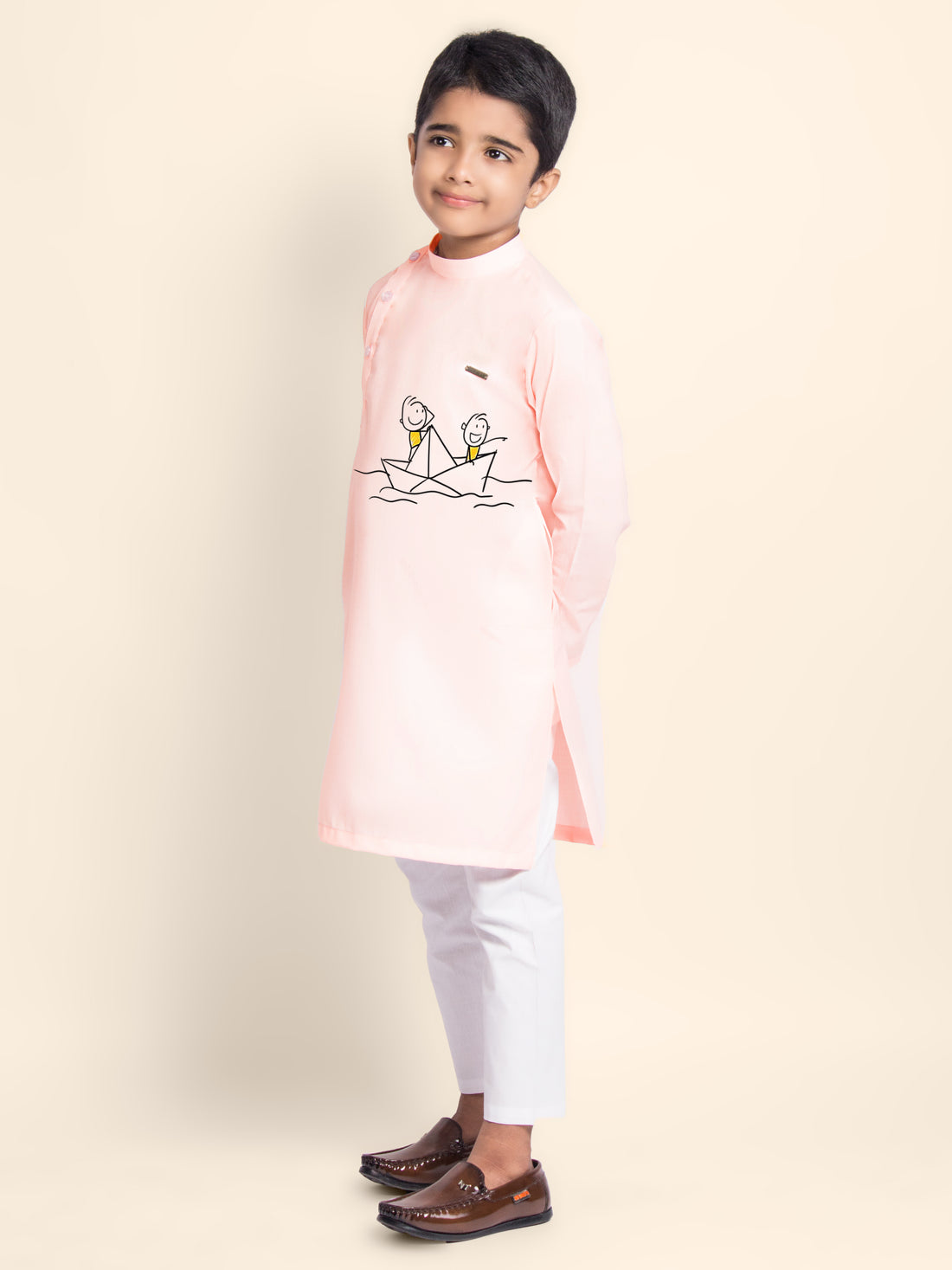 Boys Pink Cotton Kurta Pyjama with Print
