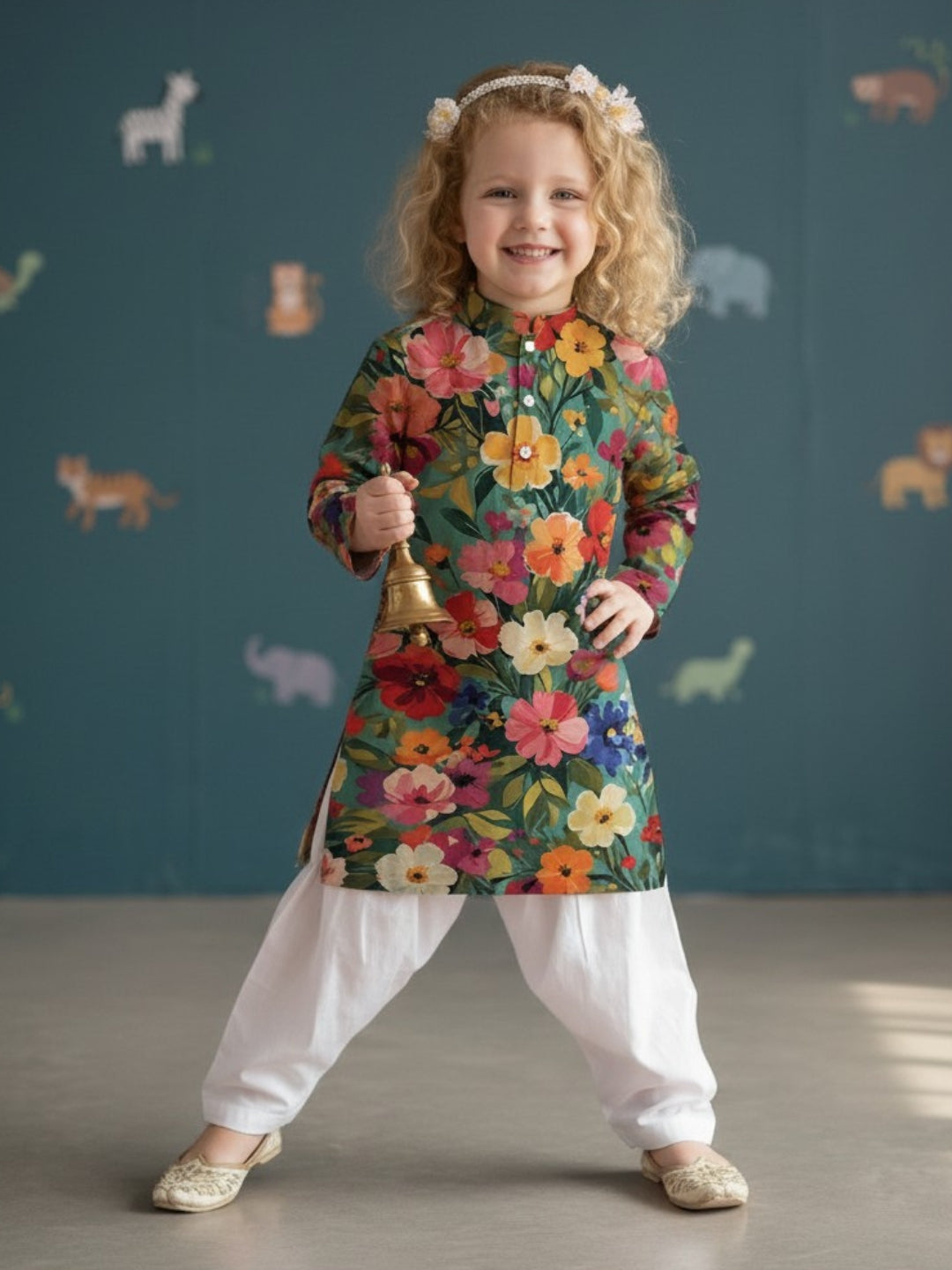 [DGKS-MGSP] Girls Multi Color Ethnic Motifs Printed Cotton Kurti Set