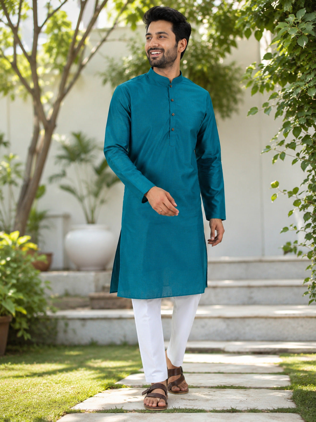 [SB] Men's Turquoise Blue Solid Cotton Kurta Set