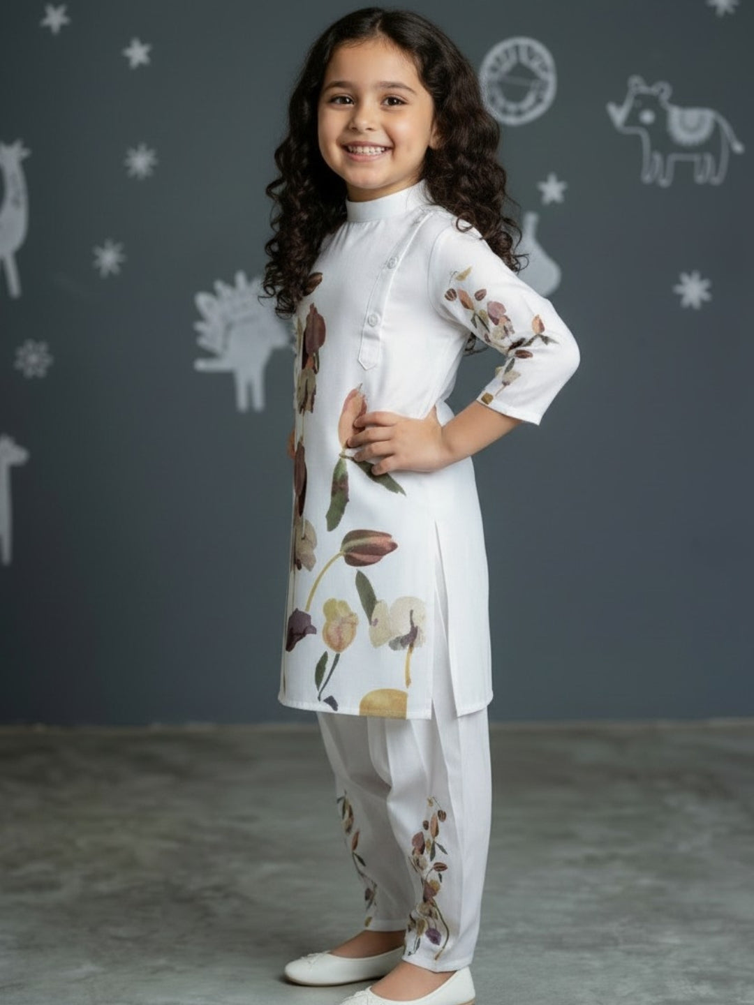 [DGKS-MGSP-B] Girls White Ethnic Motifs Printed Cotton Kurti Set