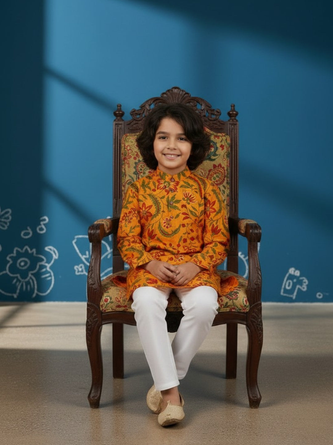 [DBKS-MGAO] Boy's Mustard Ethnic motifs Printed cotton kurta Set
