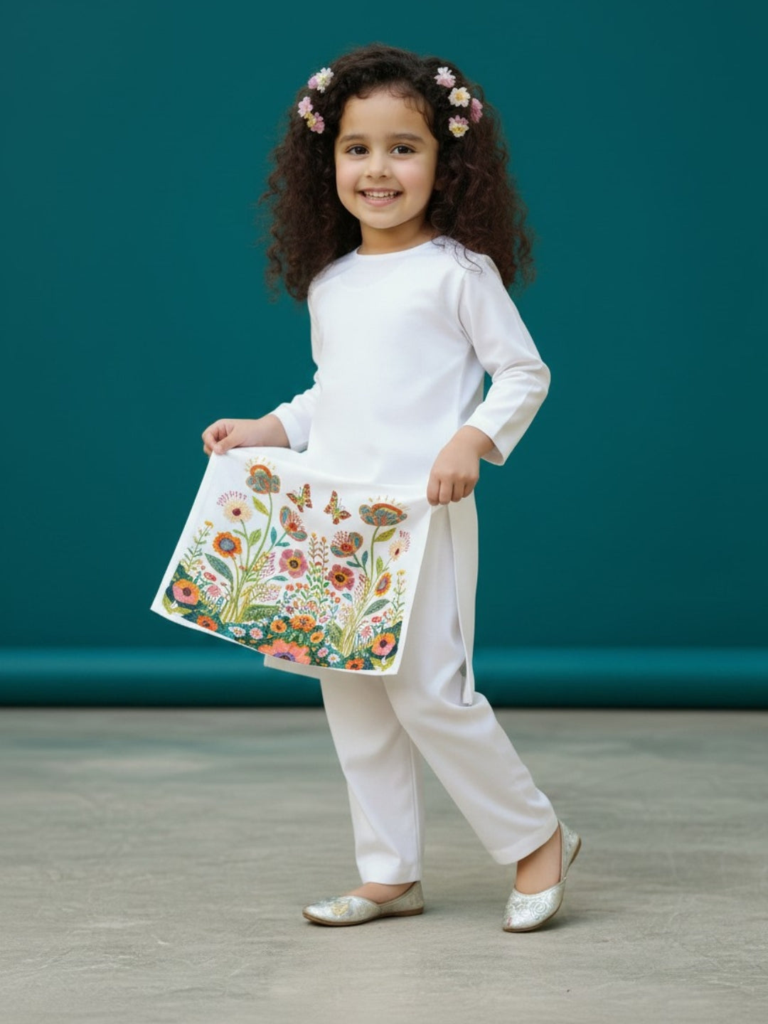 [DGKS-MGSP-RN] Girls White Ethnic Motifs Printed Cotton Kurti Set