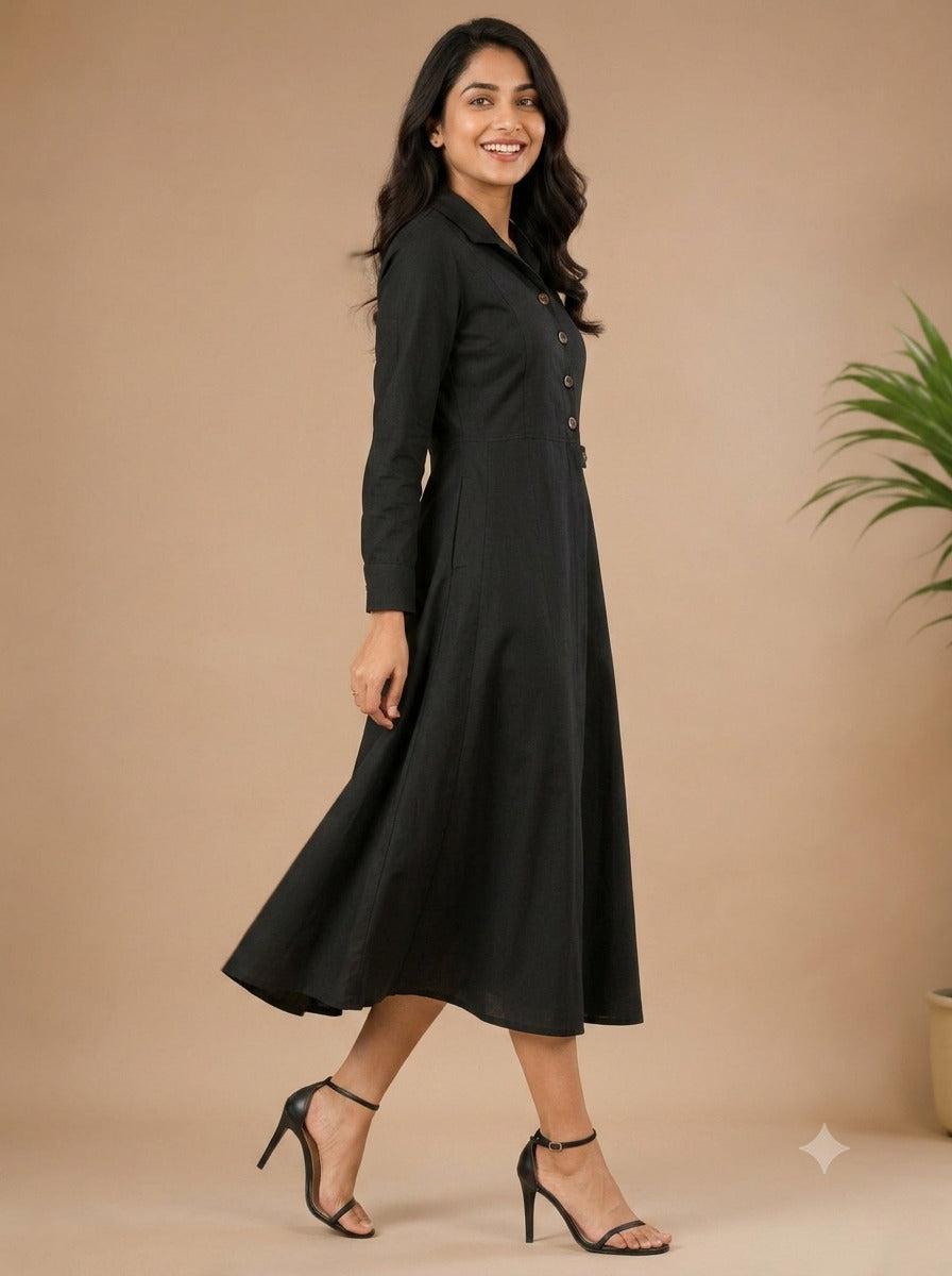 Women's Black Cotton Linen Midi Dress – Collared Button Front