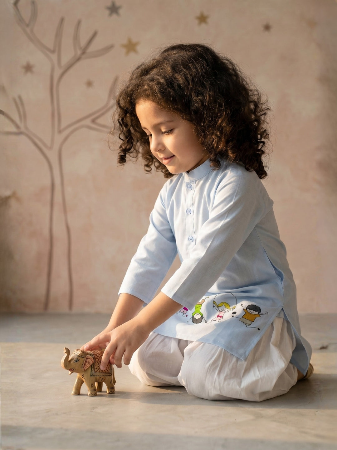[DGKS-MGSP] Girls Sky Blue Ethnic Motifs Printed Cotton Kurti Set