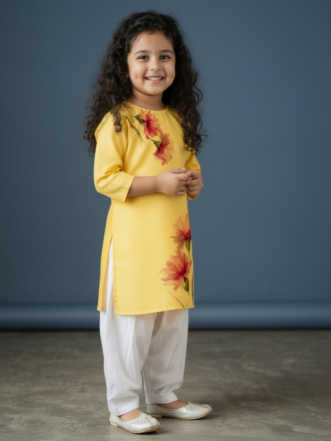 [DGKS-MGSP-RN] Girls Yellow Ethnic Motifs Printed Cotton Kurti Set