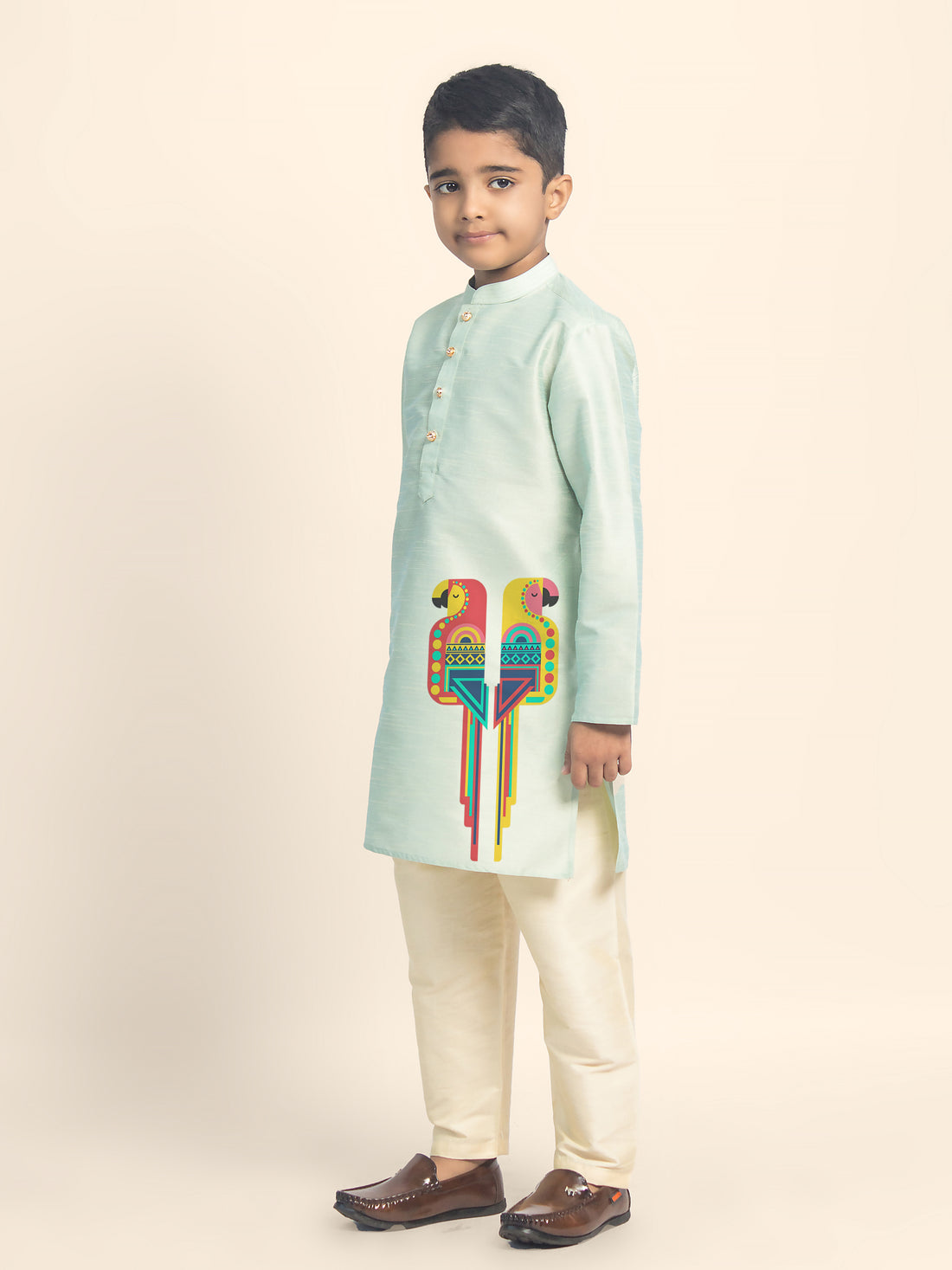 Boys Green Printed Kurta with Beige Pyjama Set