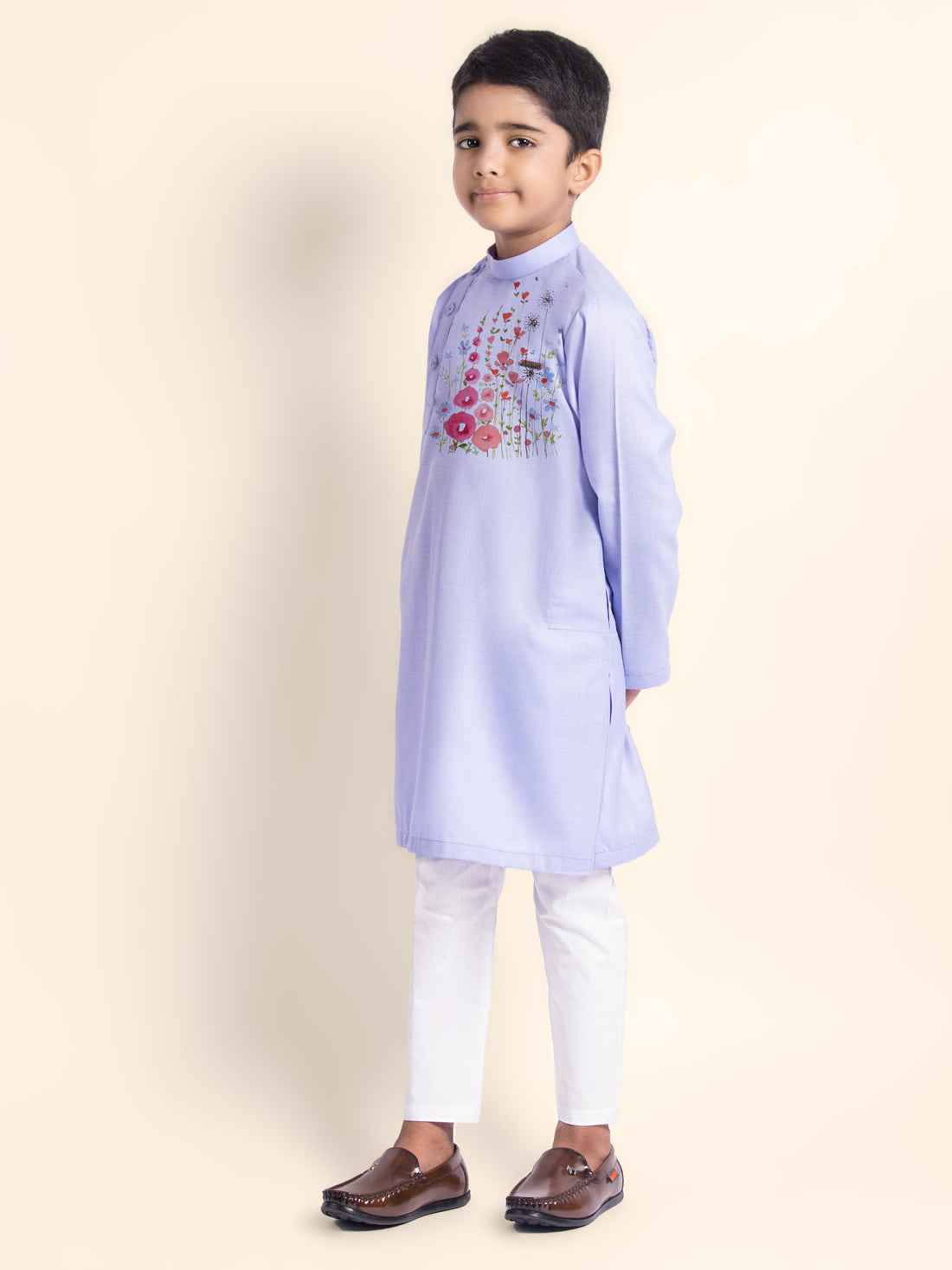 Boys Purple Printed Kurta With Pyjama