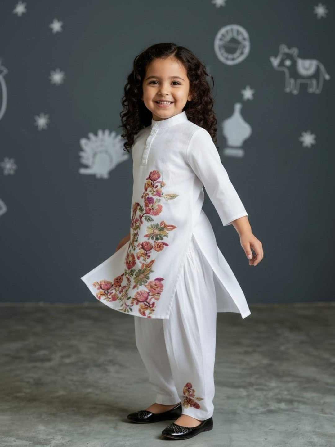 Girls' White Cotton Kurti Set – Ethnic Print