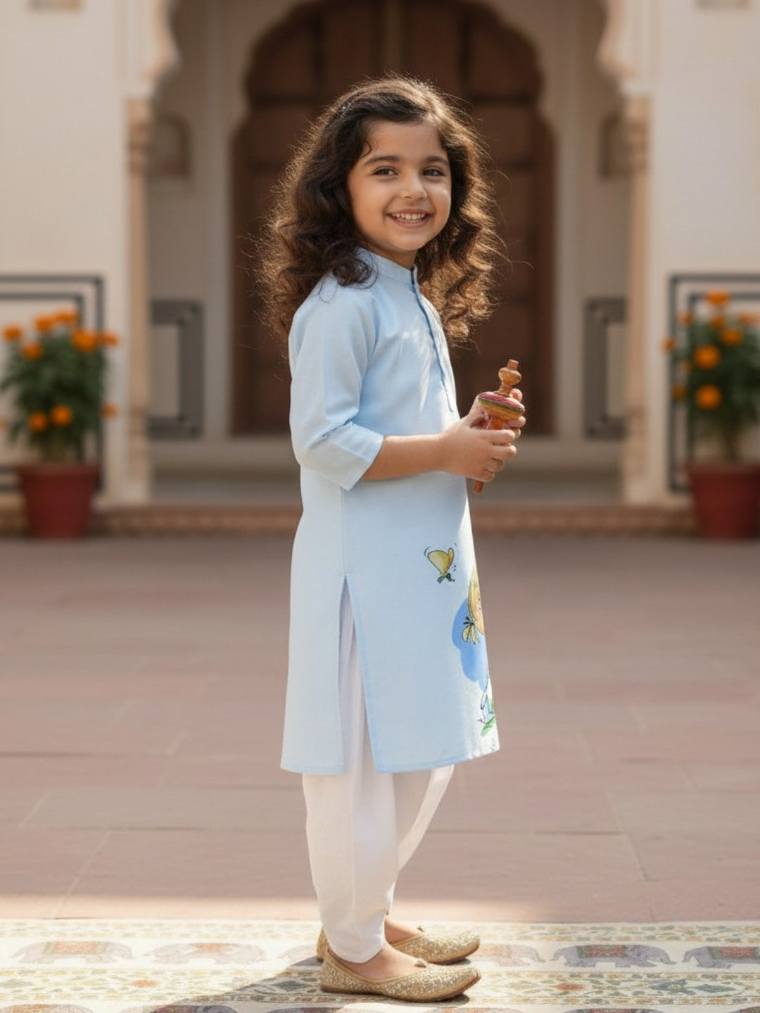 [DGKS-MGSP] Girls Sky Blue Ethnic Motifs Printed Cotton Kurti Set