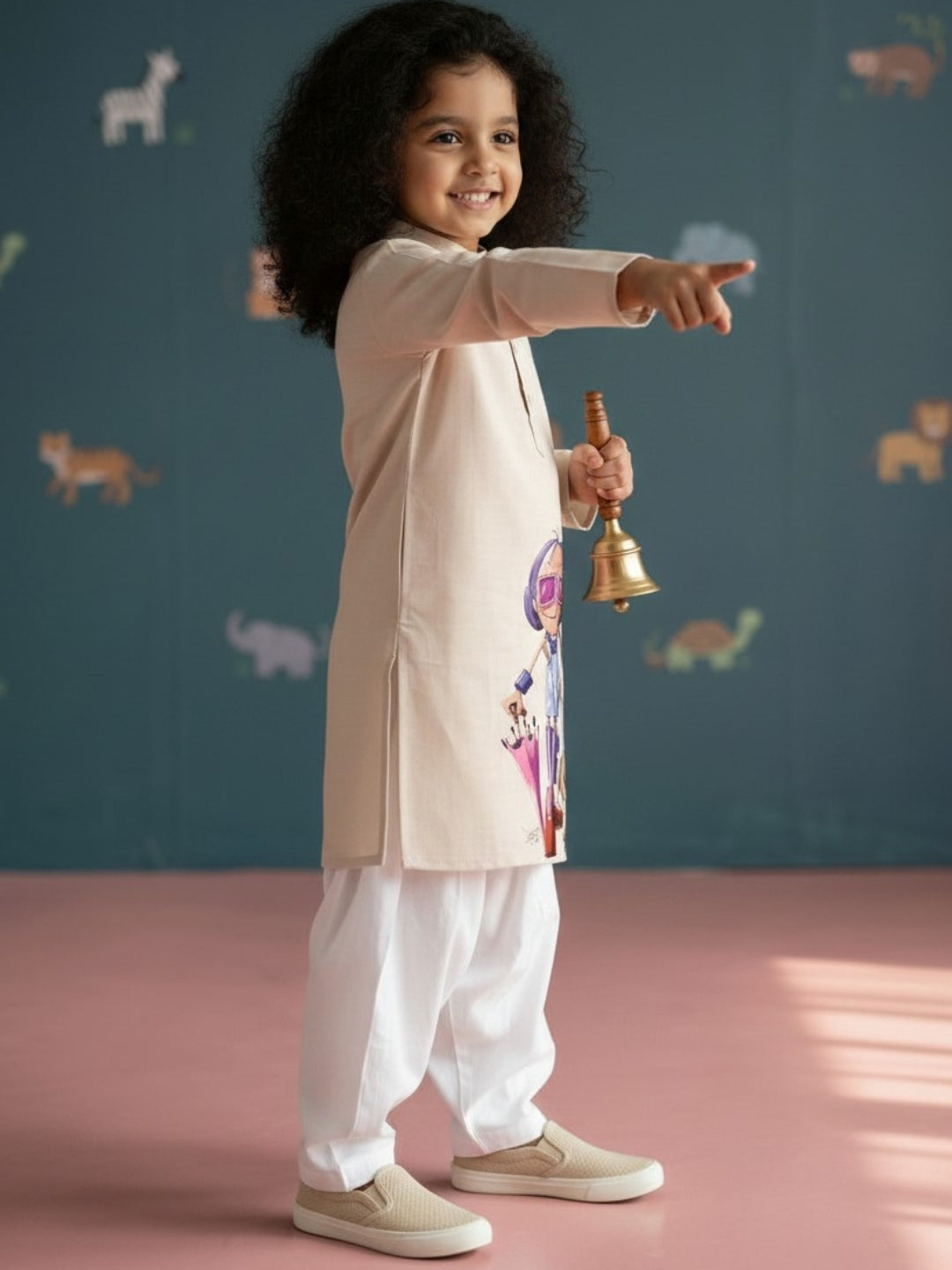 Girls' Beige Cotton Kurti Set – Ethnic Print