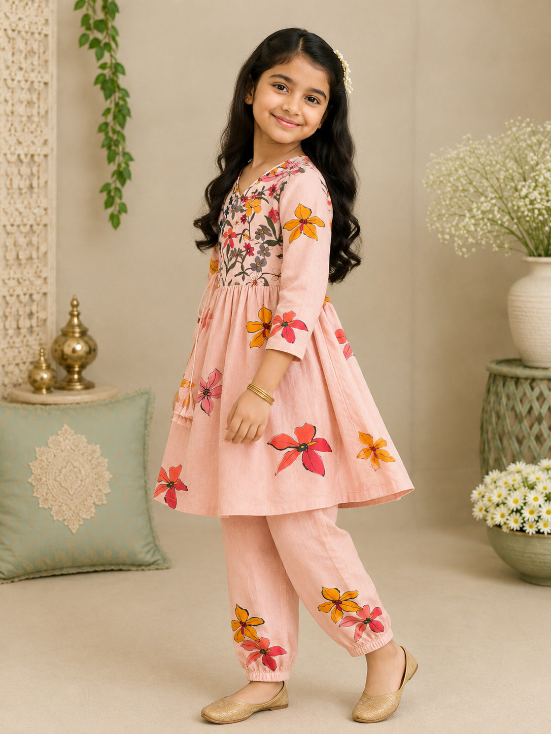 Girls' Peach Cotton Kurti Set – Printed
