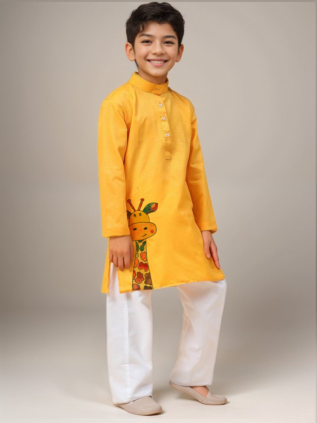 Boys Yellow Printed Kurta with Pyjama Set