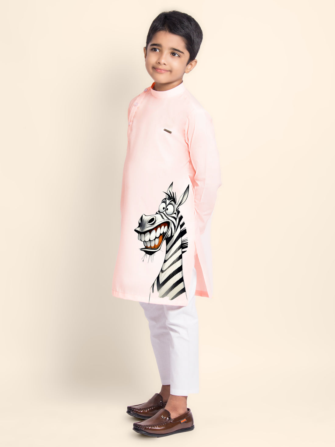 Boys Pink Cotton Kurta Pyjama with Print