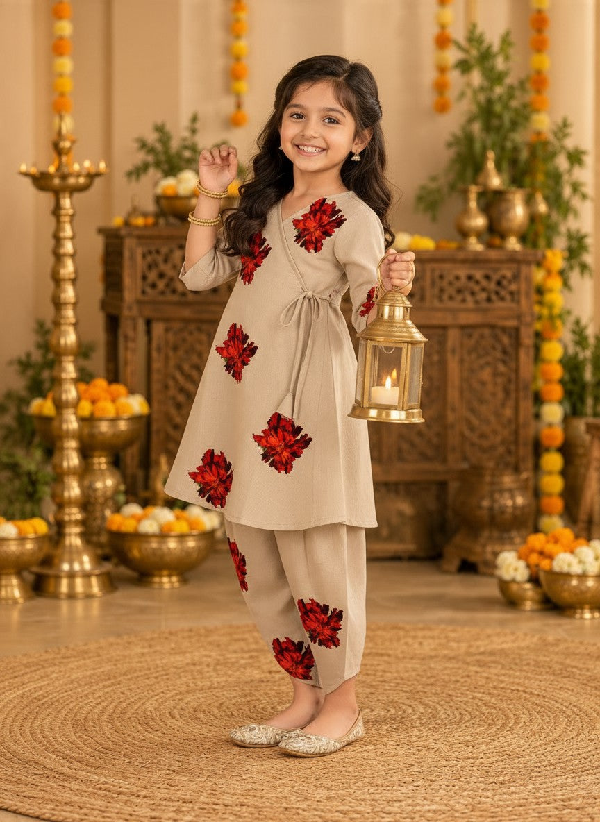 Girls' Beige Cotton Kurti with Tulip pant Set – Printed
