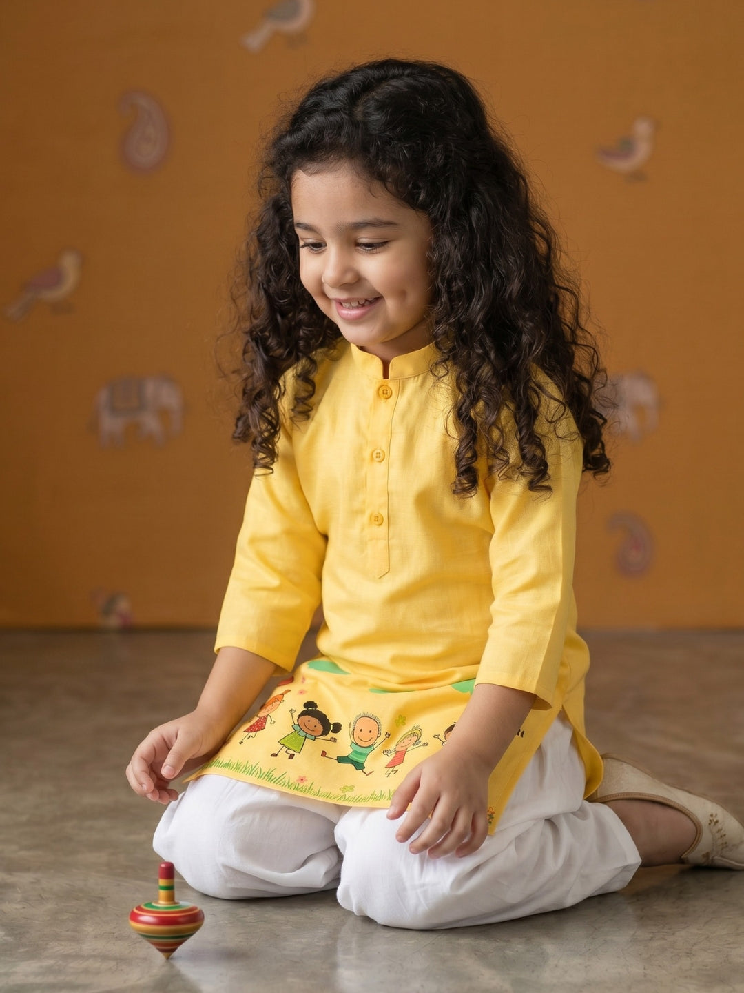 [DGKS-MGSP] Girls Yellow Ethnic Motifs Printed Cotton Kurti Set