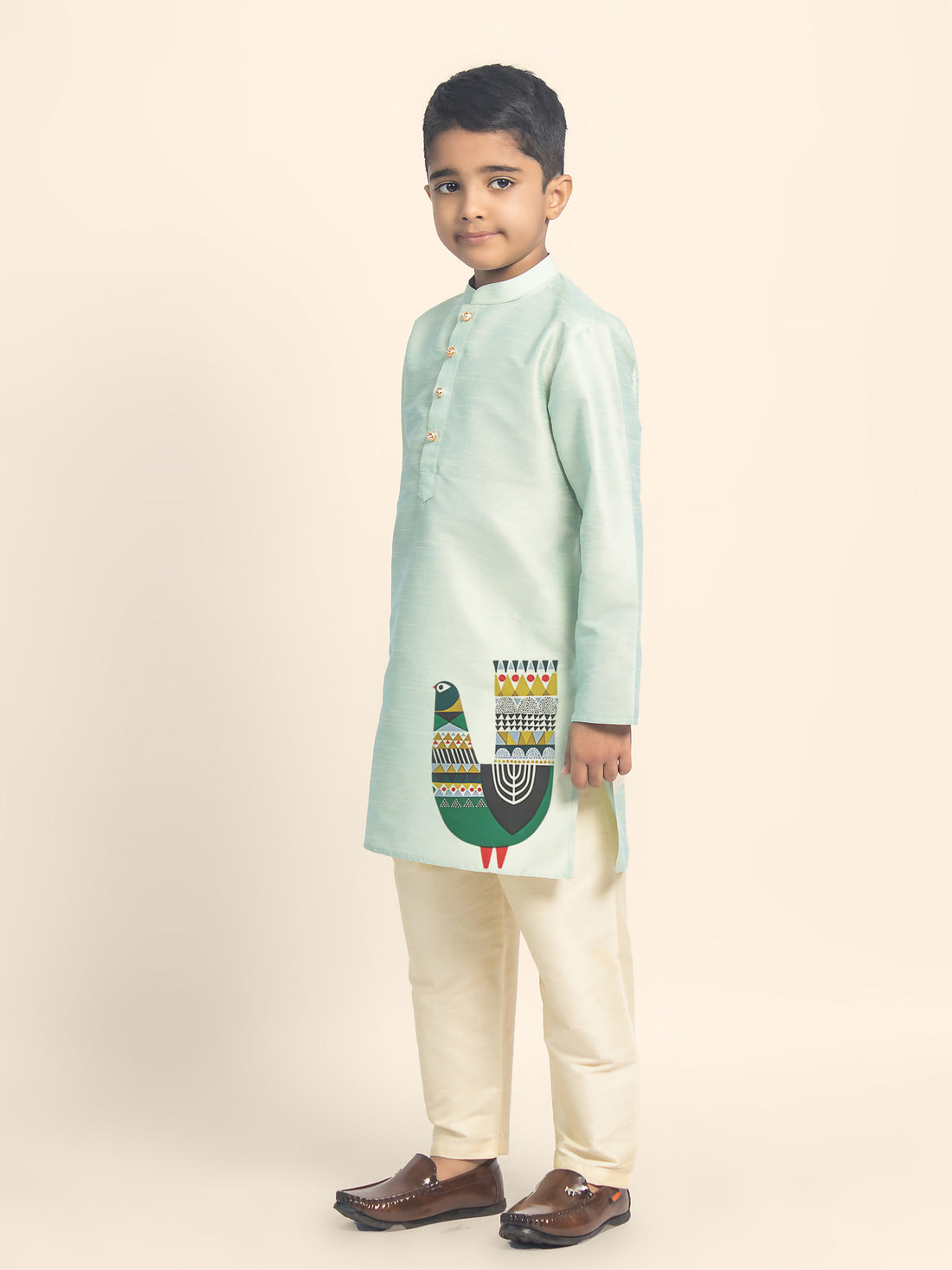 Boys Green Printed Kurta with Beige Pyjama Set