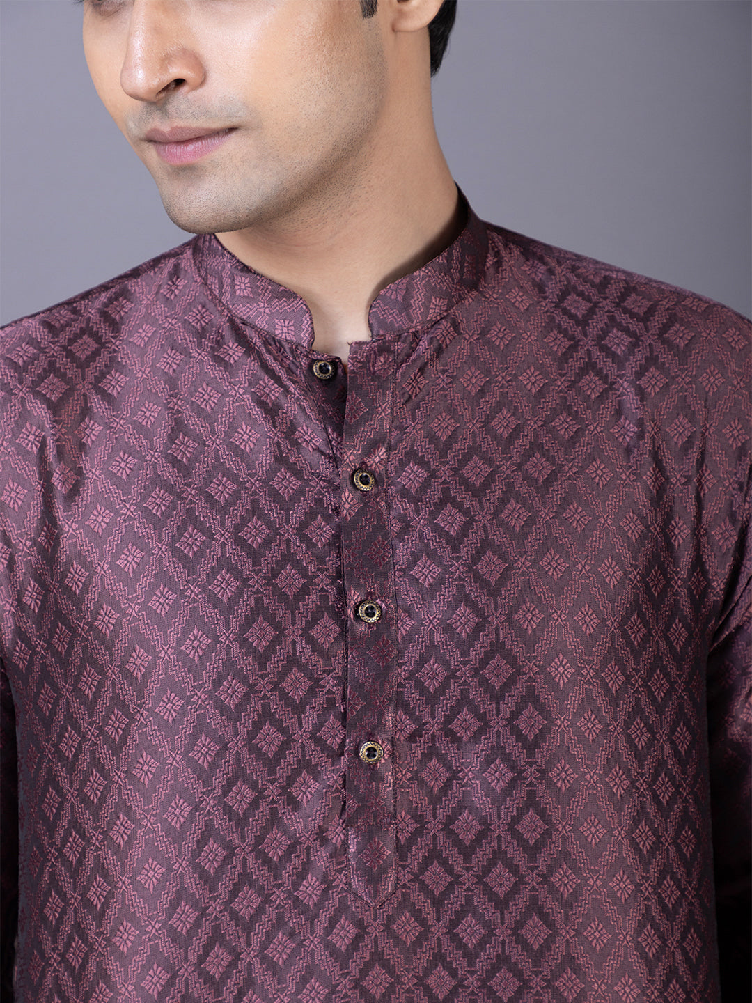 Geometric Woven Design Mandarin Collar Straight Kurta with Pyjama