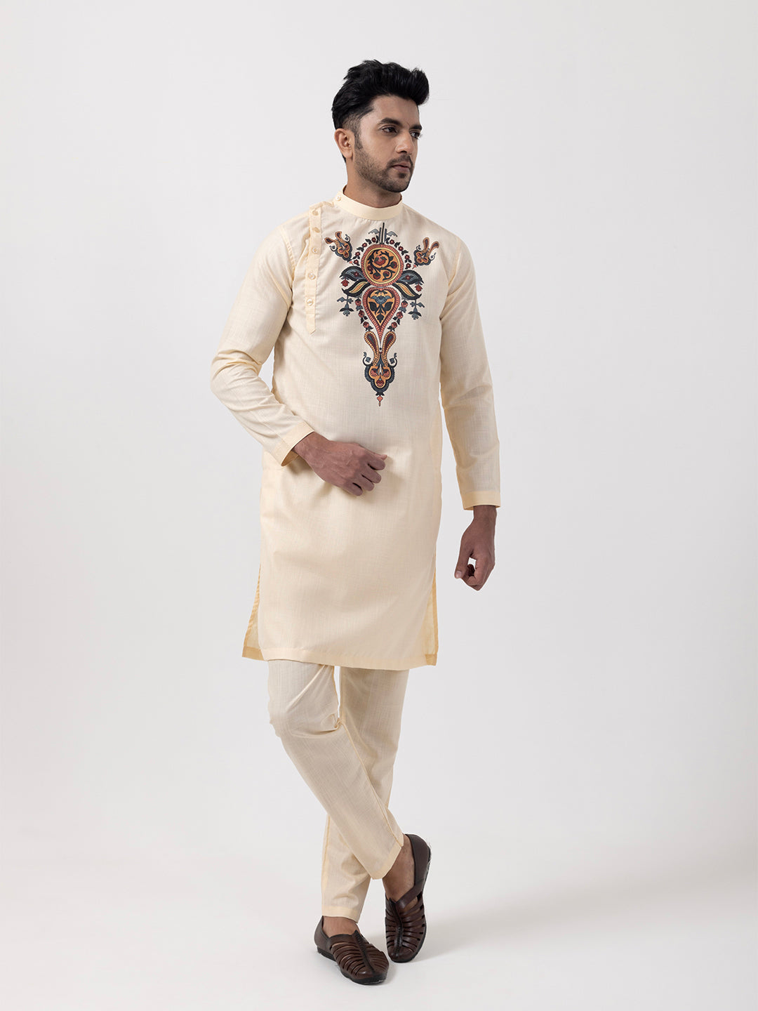 Mens Beige Side Placket Printed Kurta With Pyjama Set