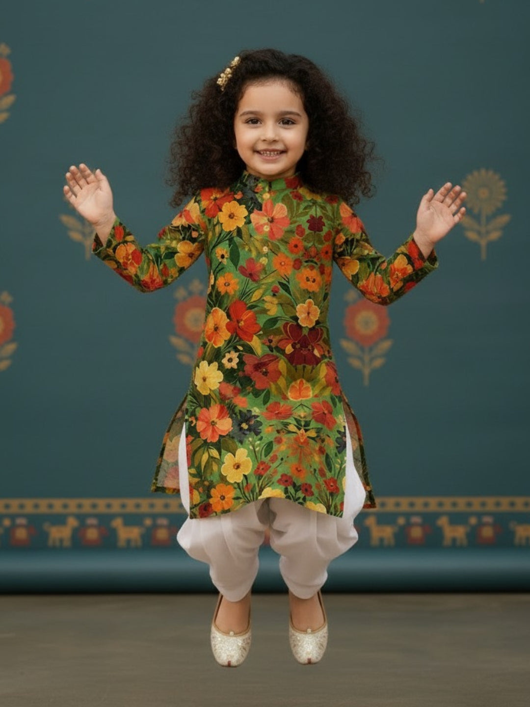 [DGKS-MGSP] Girls Multi Color Ethnic Motifs Printed Cotton Kurti Set