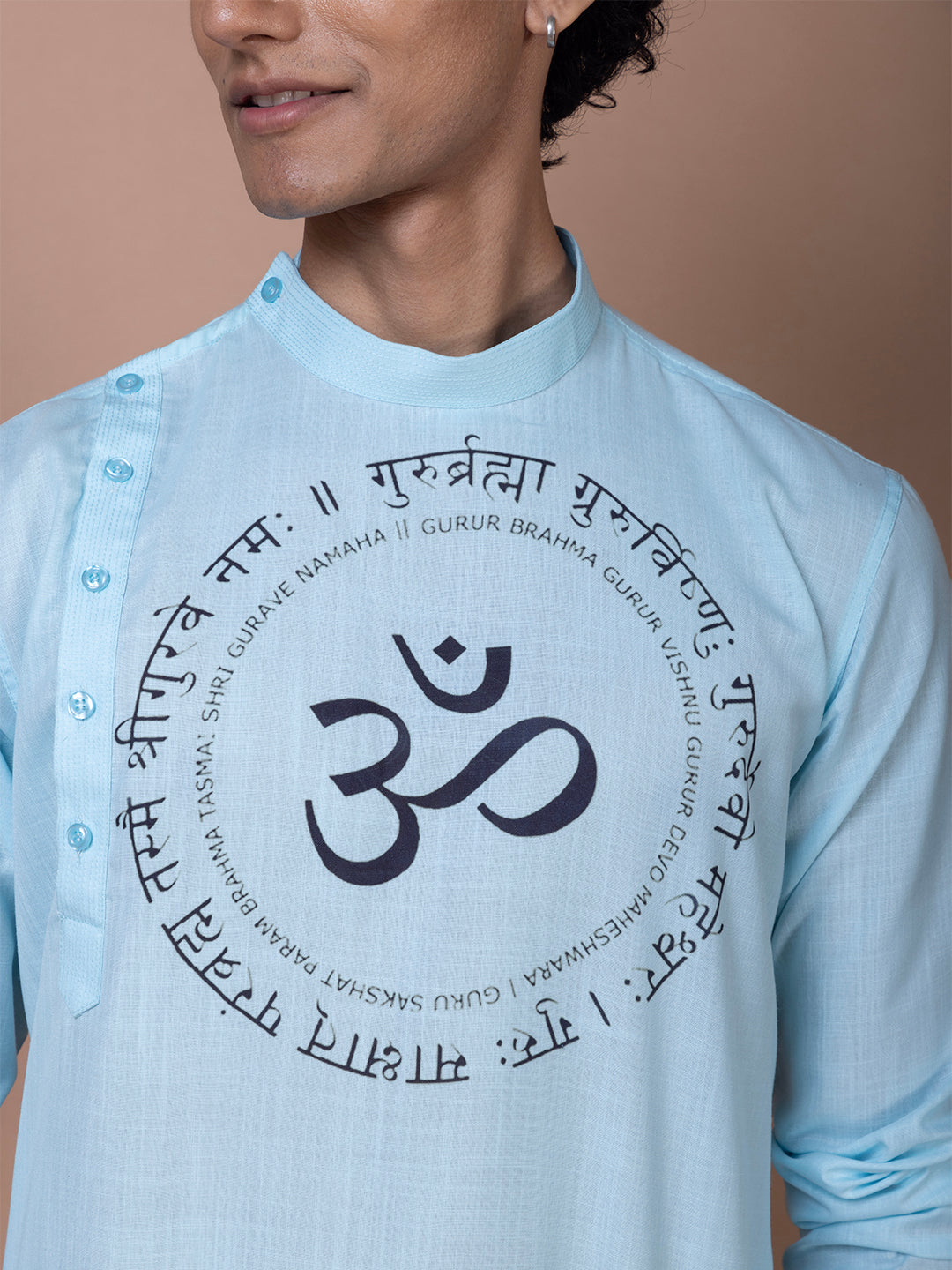 Mens  Sky Blue Side Placket Printed Kurta With Pyjama Set