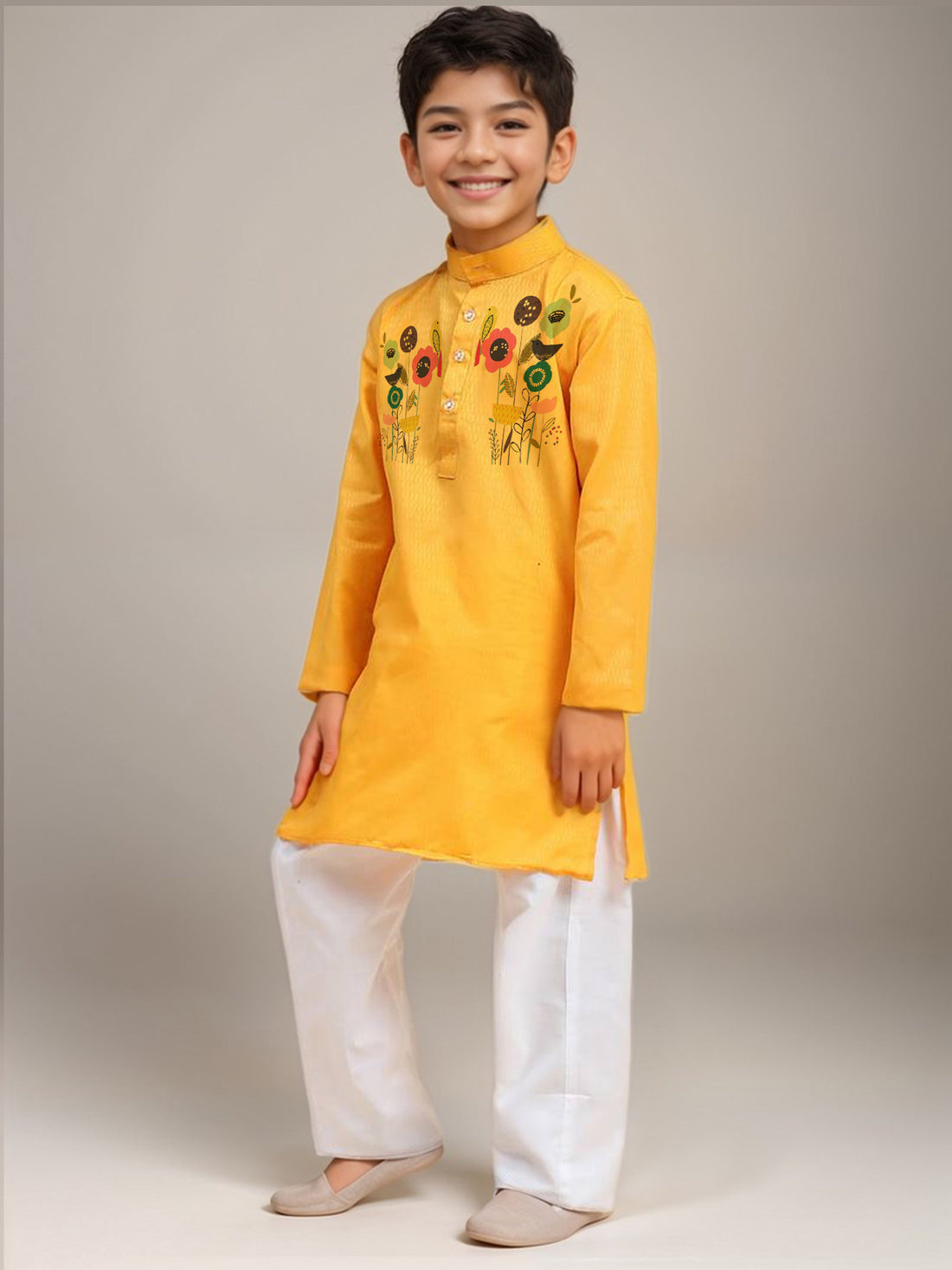 Boys Yellow Printed Kurta with Pyjama Set