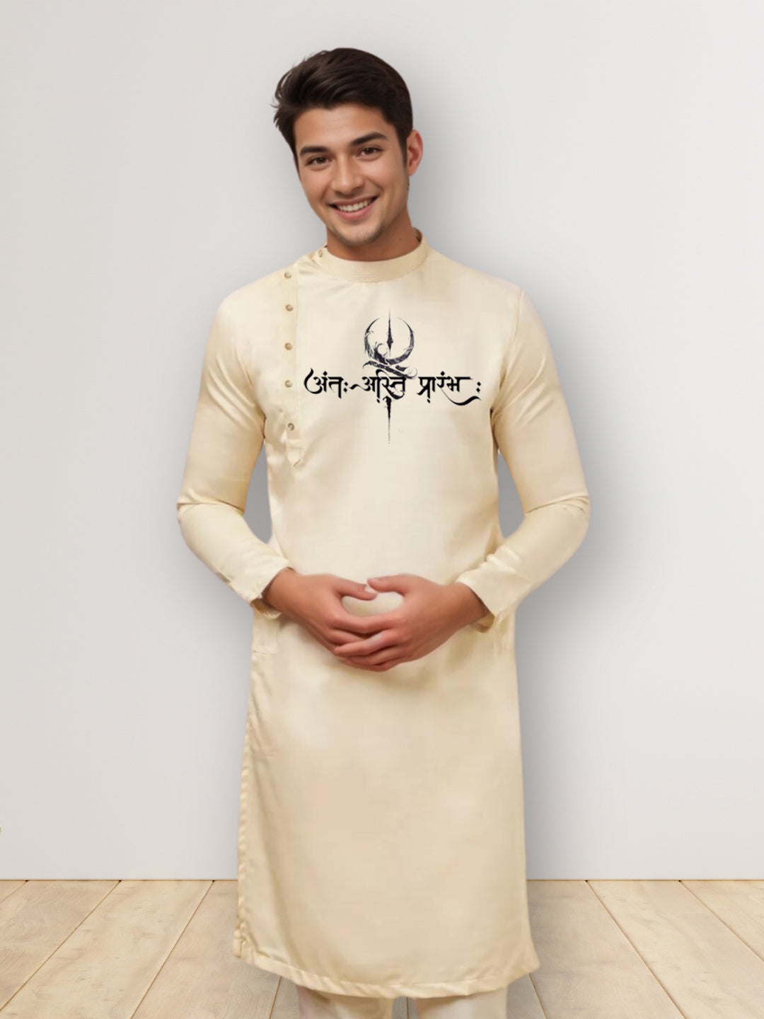 [MGSP-B] Men's Beige Ethnic Print Side Placket Cotton Kurta Set