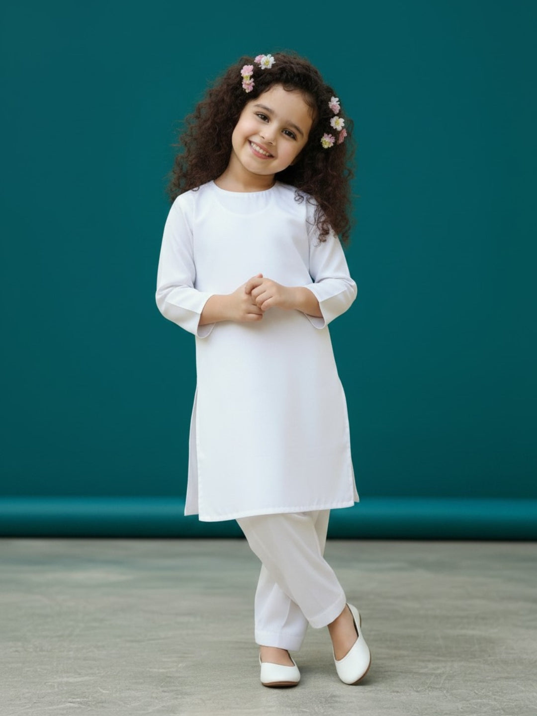 [DGKS-MG-RN] Girls White Solid Cotton Kurti Set