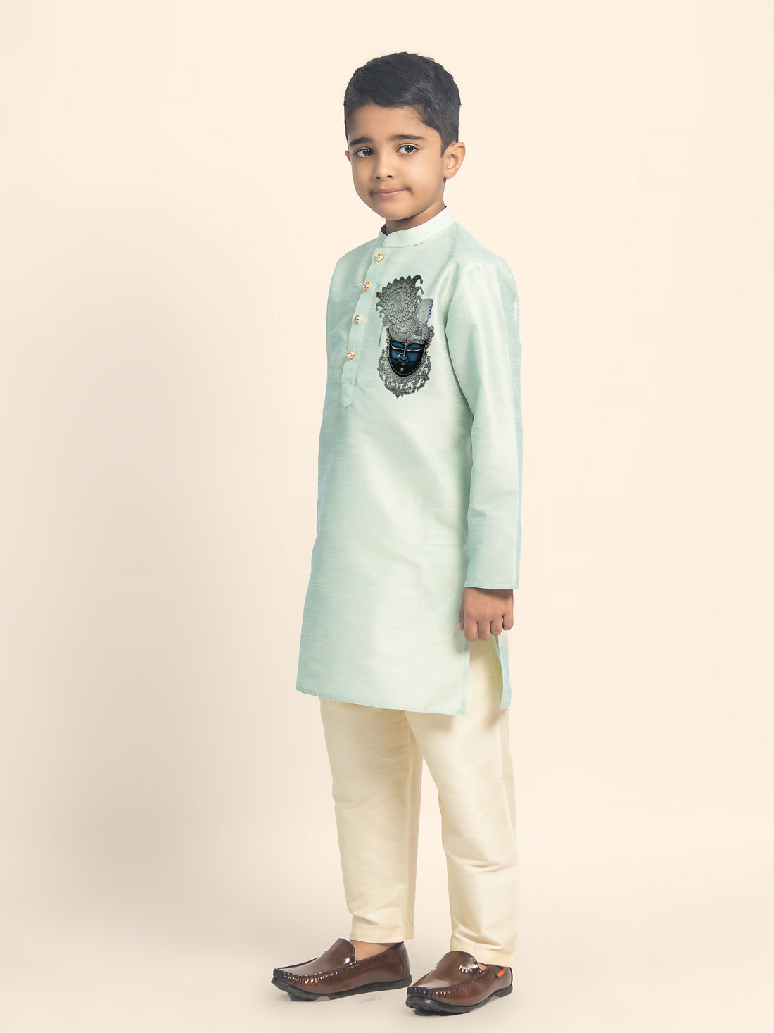 Boys Green Printed Kurta with Beige Pyjama Set
