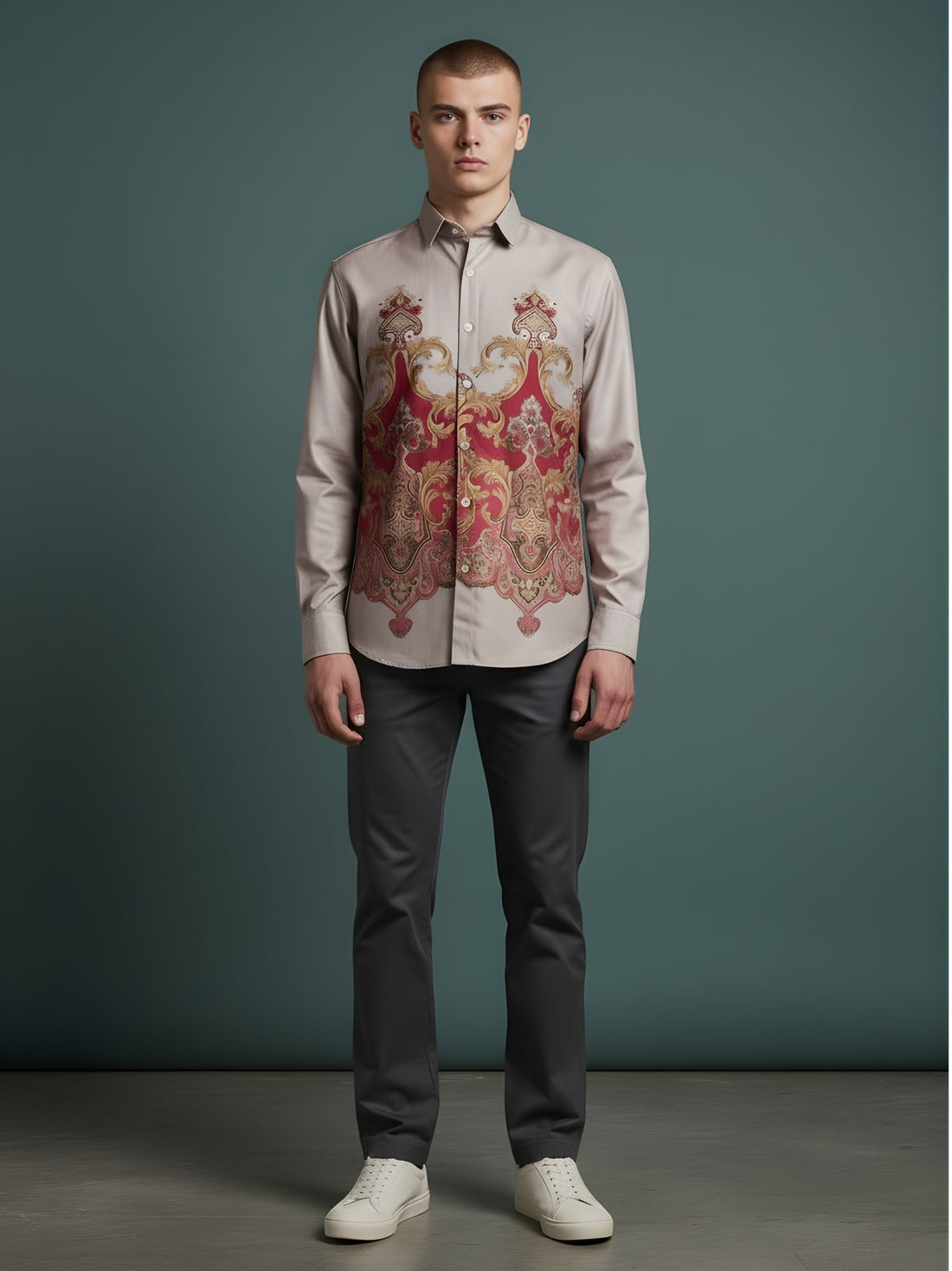 [DS-MGSP] Men's Beige Ethnic Printed Cotton Shirt