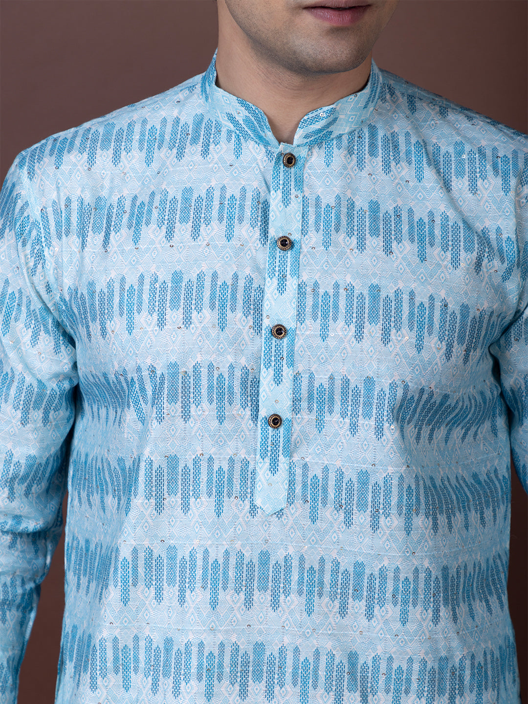 Men Geometric Woven Design Mandarin Collar Kurta with Pyjama