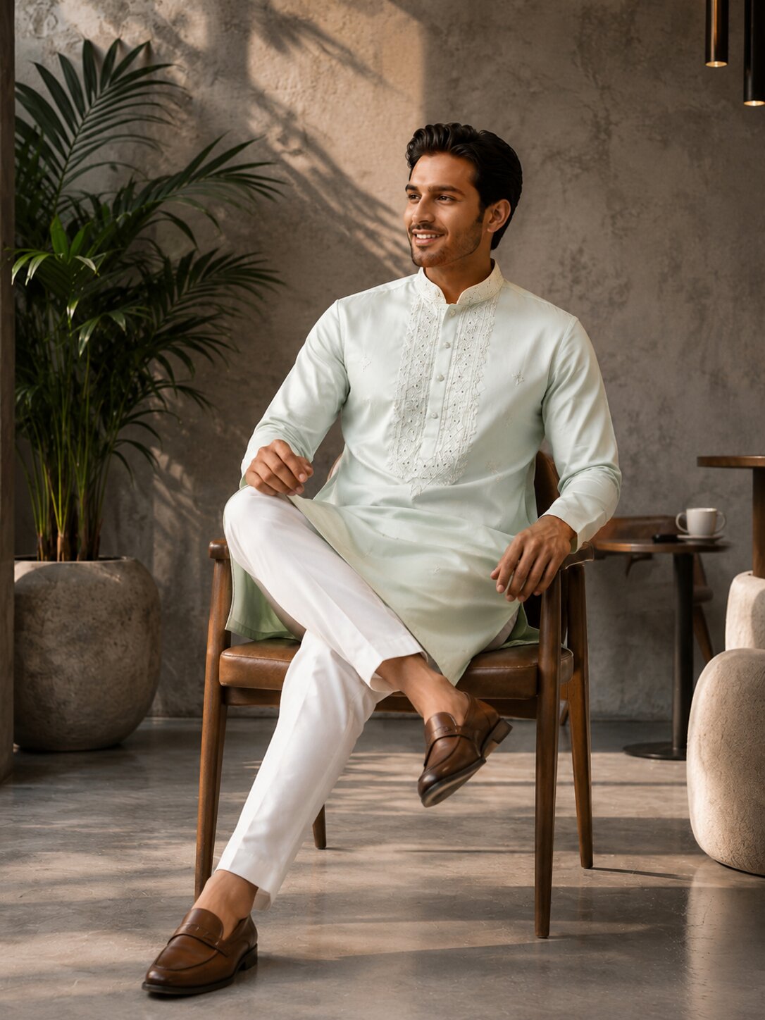 [NW] Men's Green Embroidered Cotton Silk Kurta Set