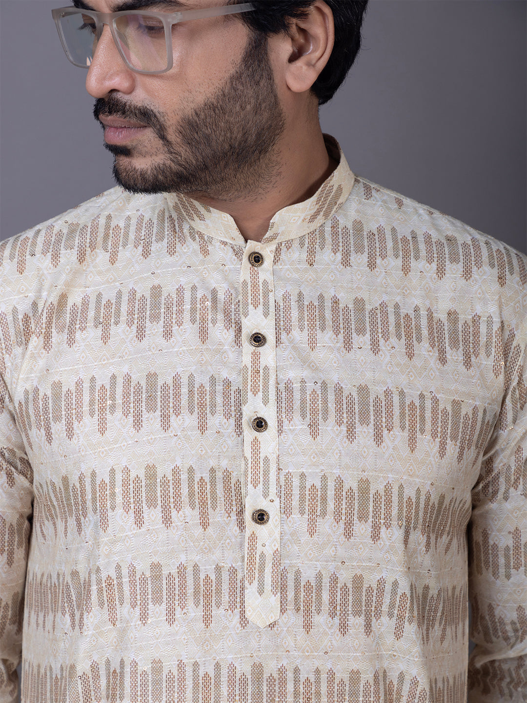 Men Geometric Woven Design Mandarin Collar Kurta with Pyjama