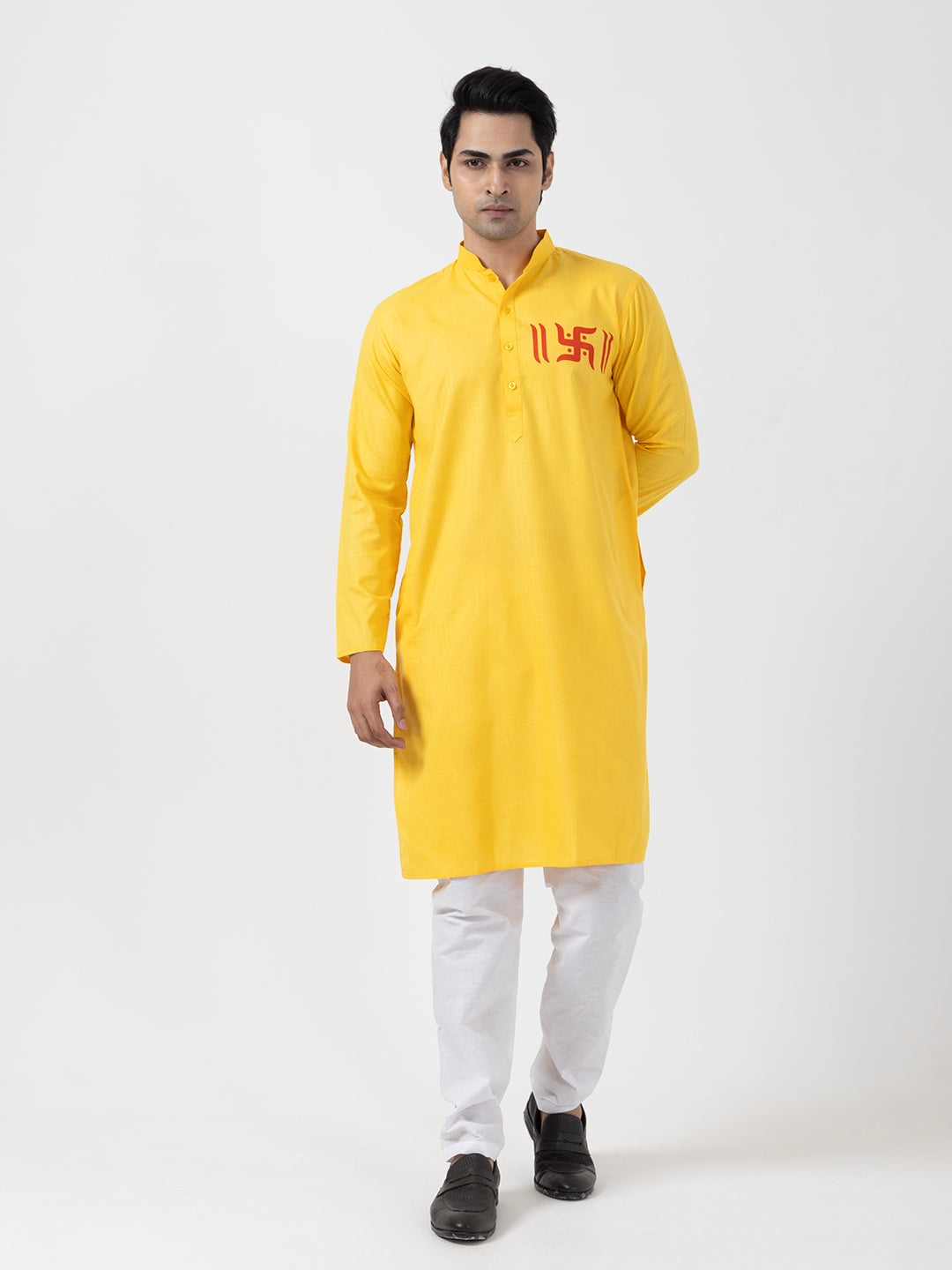 Mens Yellow Printed Kurta Pyjama Set