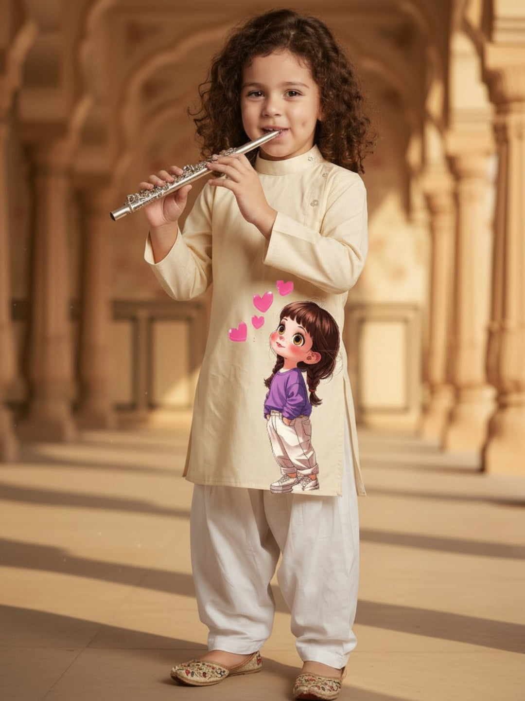 [DGKS-MGSP-B] Girls Beige Ethnic Motifs Printed Cotton Kurti Set