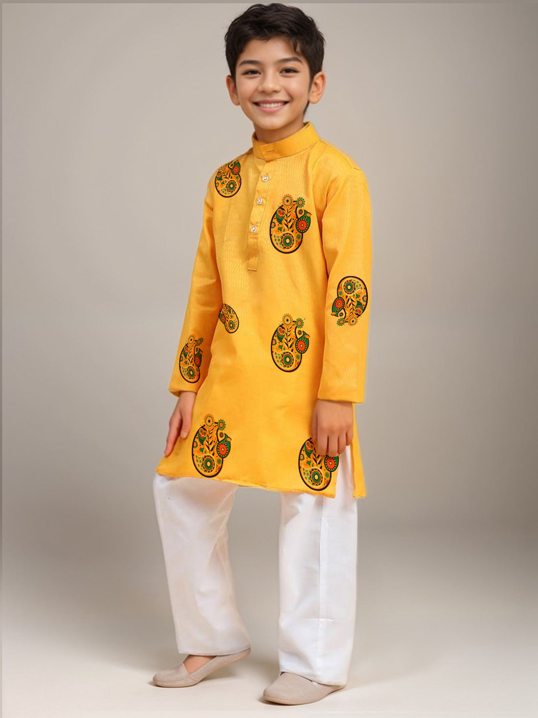 Boys Yellow Printed Kurta with Pyjama Set