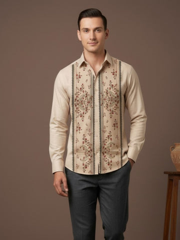 [DS-MGSP] Men's Beige Ethnic Printed Cotton Shirt