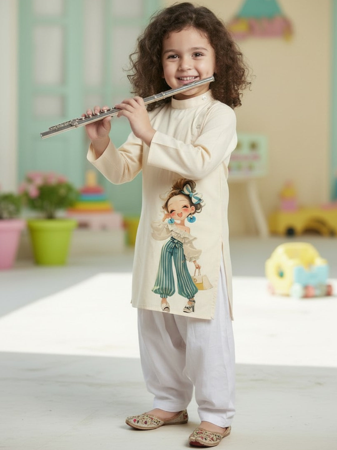 [DGKS-MGSP-B] Girls Beige Ethnic Motifs Printed Cotton Kurti Set