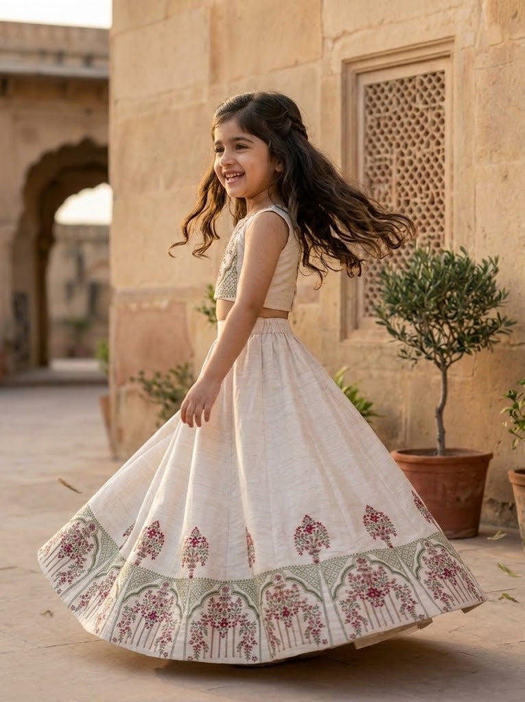 Girls' Off-White Art Silk Lehenga Set – Printed