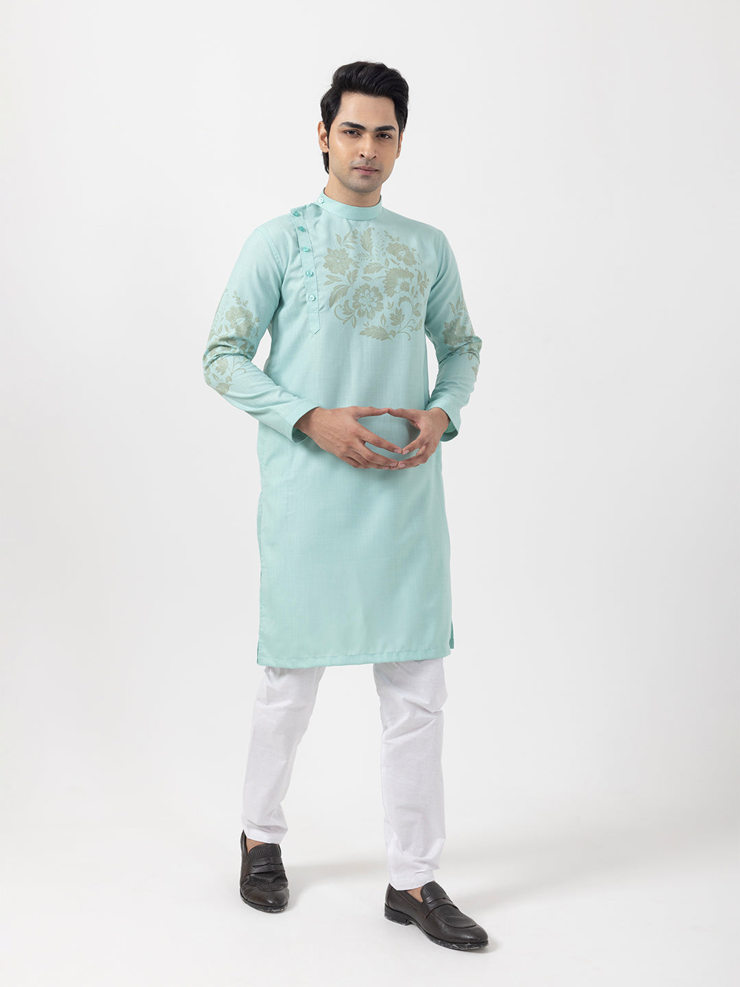 [MGSP-B] Men's Green Ethnic Print Side Placket Cotton Kurta Set