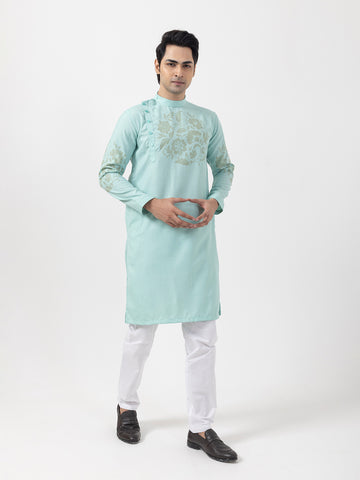 Men's Green Cotton Kurta Set – Ethnic Print & Side Placket