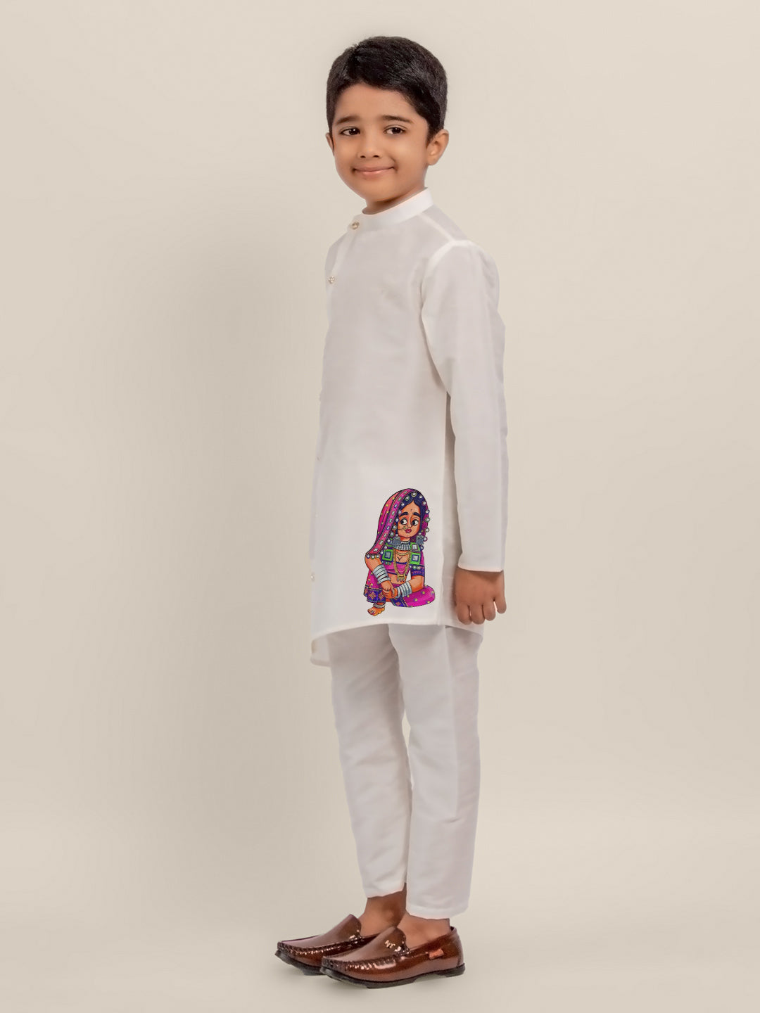 Boys White Printed Kurta With Pyjama Set
