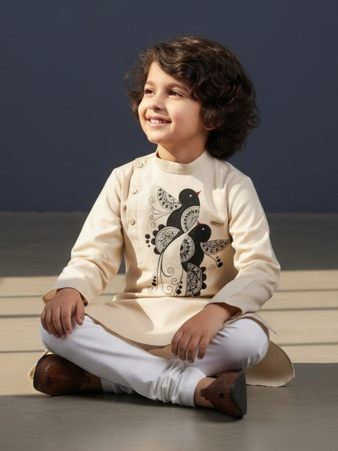 [DBKS-MGSP-B] Boy's Beige Ethnic motifs Print cotton kurta Set