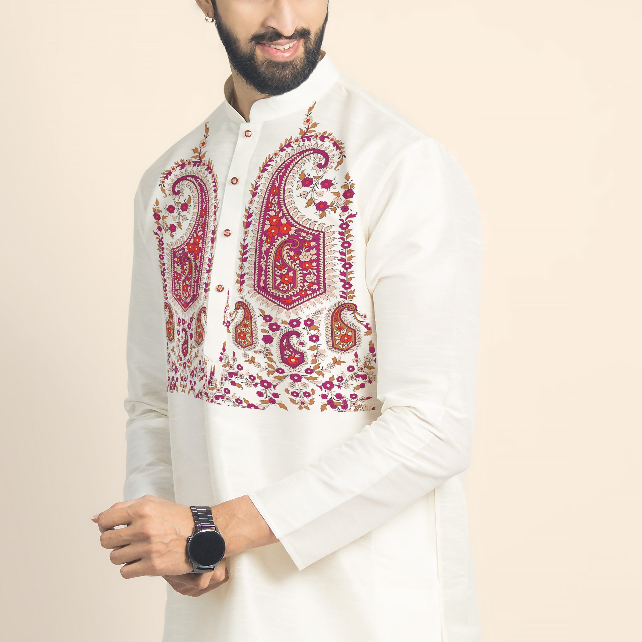 Mens Off White Printed Short Kurta