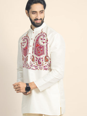 Mens Off White Printed Short Kurta