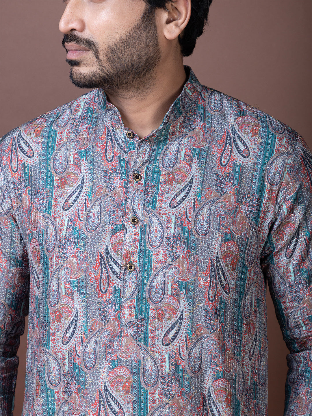 Ethnic Motifs Embroidered Mandarin Collar Sequins Straight Kurta Pyjama Set