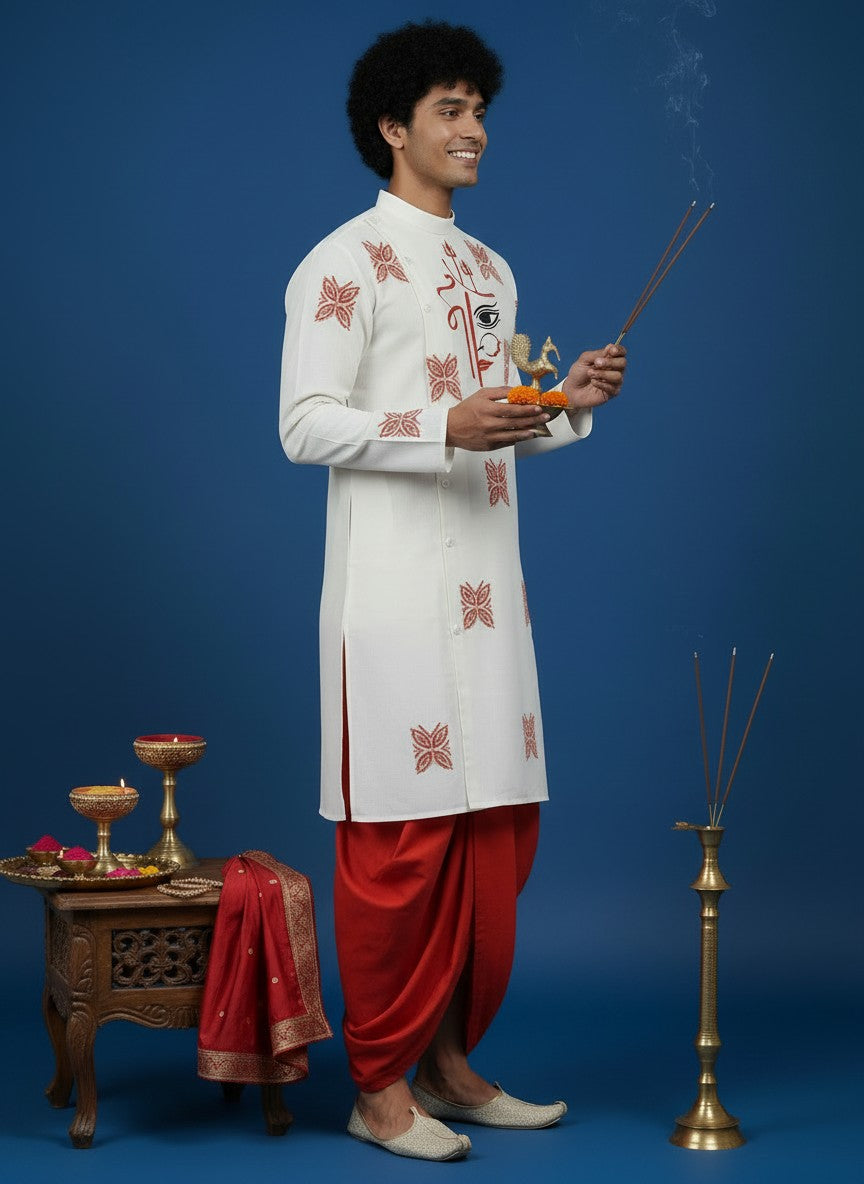 Men's White Cotton Kurta with Dhoti Set – Ethnic Print & Side Placket