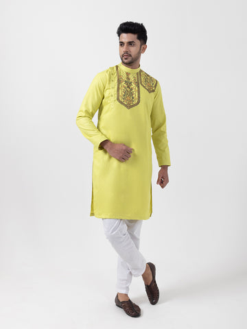 Mens Lime Green Side Placket Printed Kurta Wite Pyjama Set