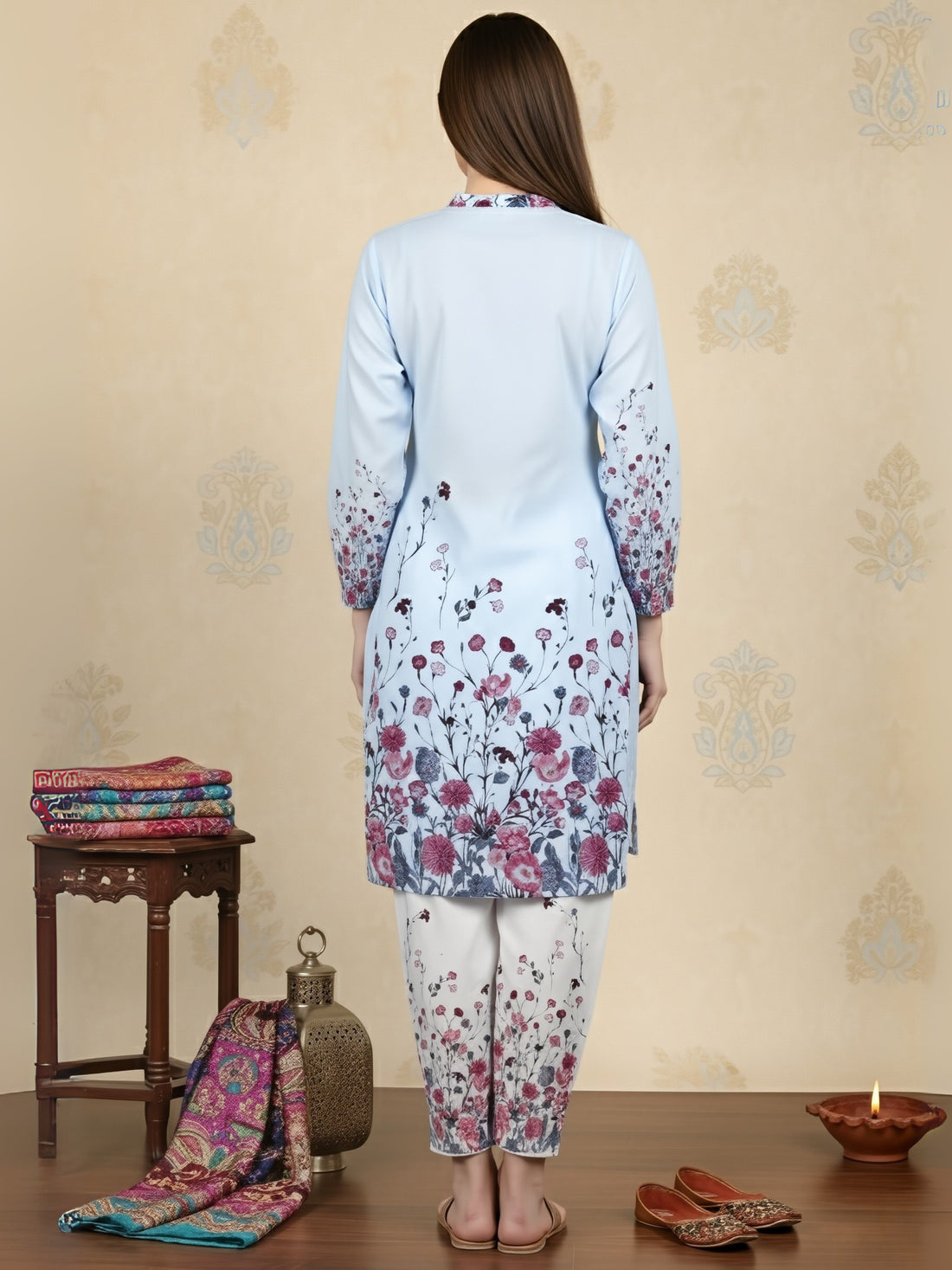 [DWKS-MGSP] Women Sky Blue Ethnic Motifs Printed Cotton Kurti Set