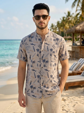 [DS-C-MGSP] Men's Beige Ethnic Printed Cotton Shirt