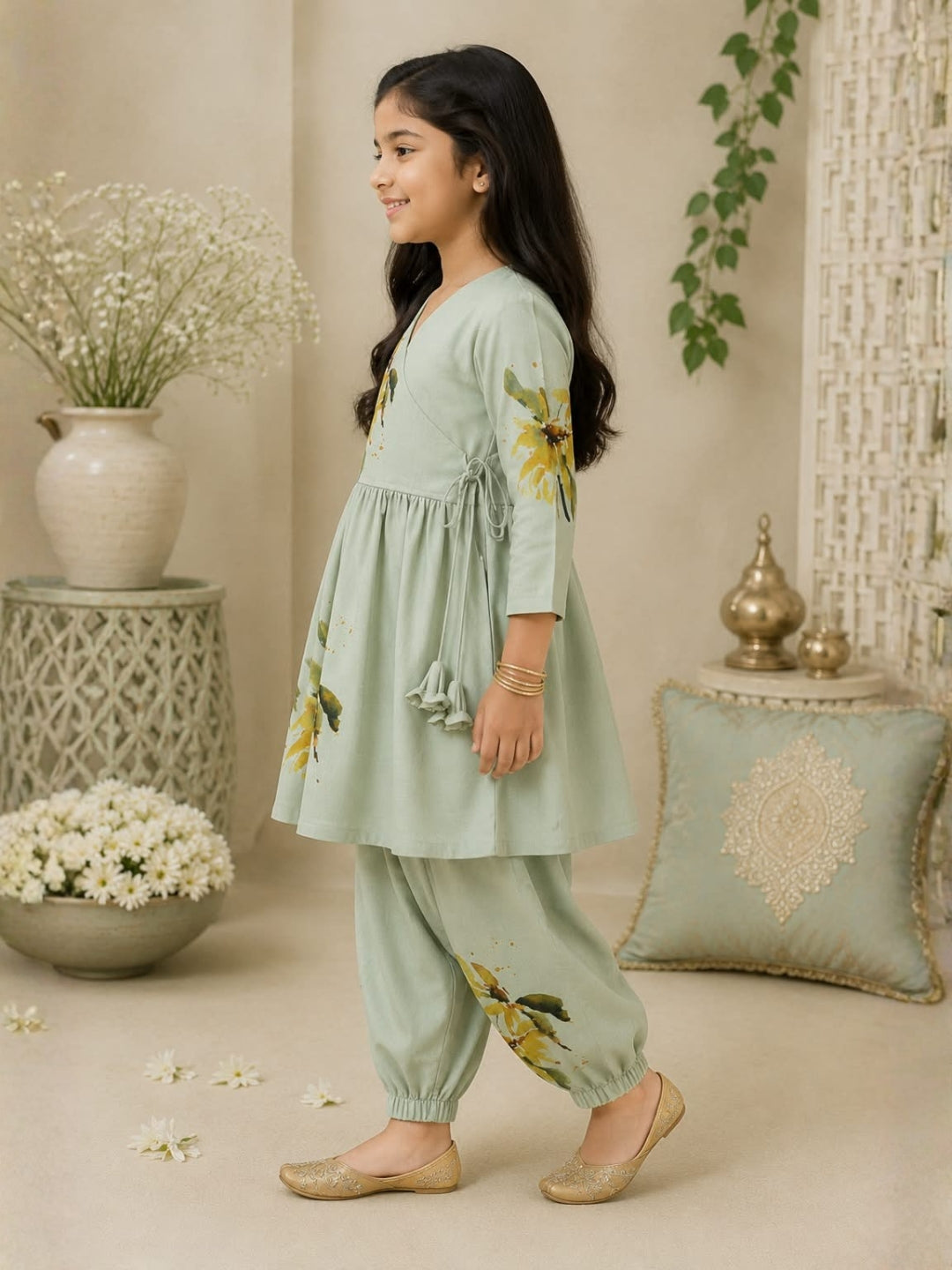 Girls' Sea Green Cotton Kurti Set – Printed